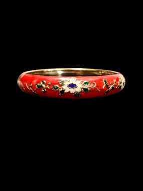 Source Unknown Red Floral Enamel Bangle with Green Leaves and White Flowers